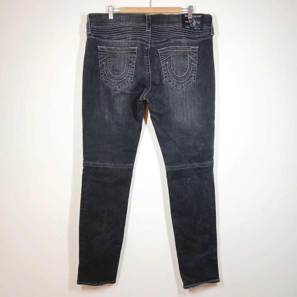 True Religion Rocco Jeans Men's 38 Black Distressed Moto Stretch Relaxed Skinny